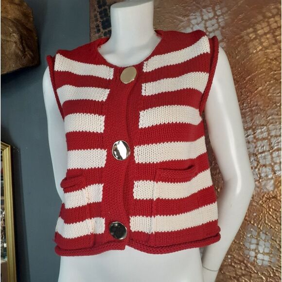 Nwt Zara Red and Crean Striped Knit Vest with Large Goldtone Buttons - Picture 1 of 12